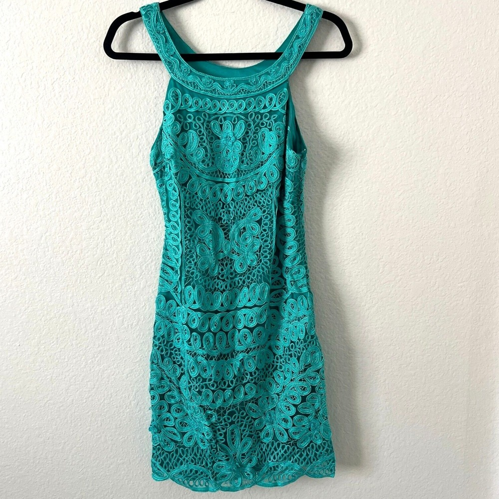 Vtg SUE‎ WONG NOCTURNE Sz M Teal Embroidered Applique Mesh Cocktail Dress Hoco